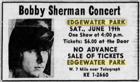 Edgewater Park - Bobby Sherman At The Park June 6 1971 (newer photo)